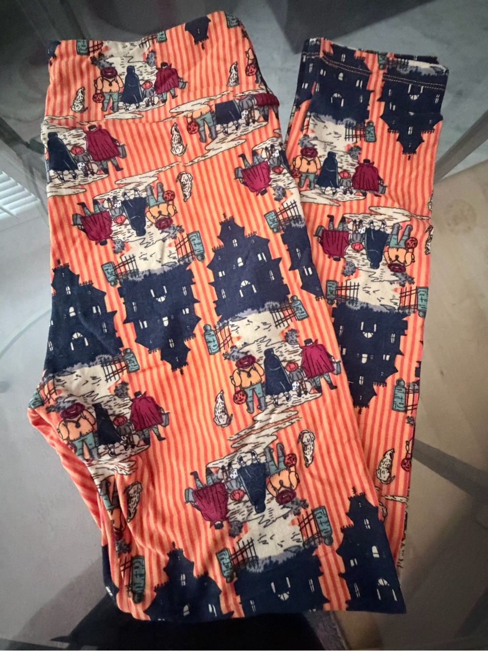 LuLaRoe Orange & Navy Haunted House Print Leggings